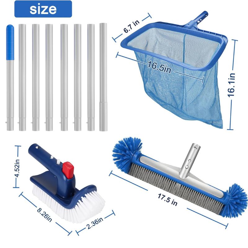 4-in-1 Pool Cleaning Kit with 17.5 Brush, Rotatable Brush, Net & Pole