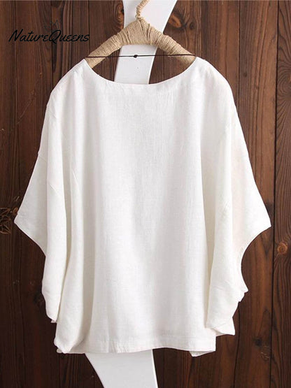 Women's Solid Color Loose Elegant Bat Sleeve Casual Cotton And Linen Shirt