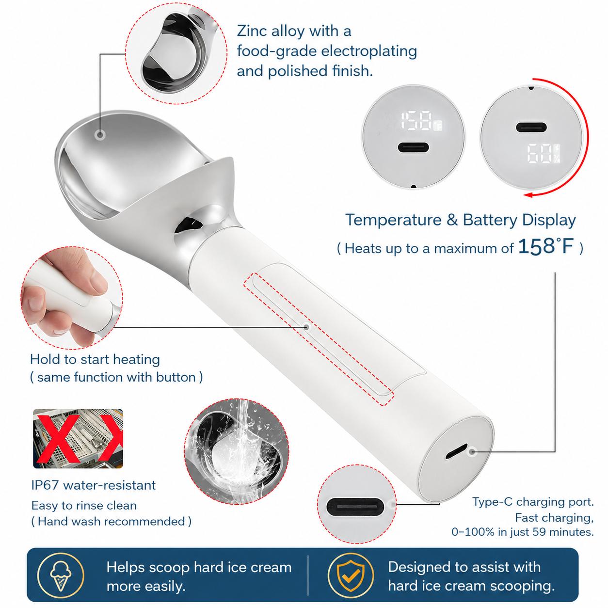 Electric Ice Cream Scoop | Rechargeable 2-oz Stainless Steel Scoop with LED Display | Waterproof Design — Easily Scoops Hard Ice Cream