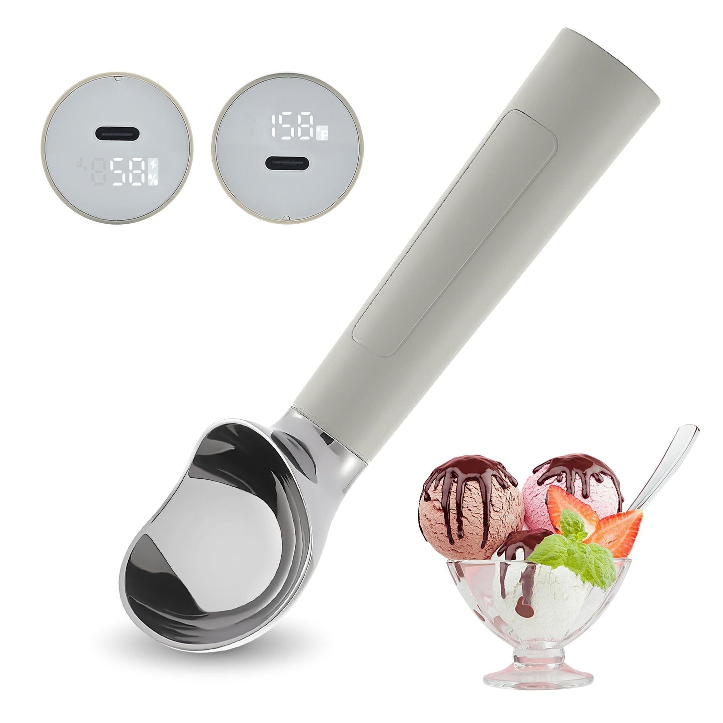 Electric Ice Cream Scoop | Rechargeable 2-oz Stainless Steel Scoop with LED Display | Waterproof Design — Easily Scoops Hard Ice Cream