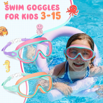 2 Pack Kids Swim Goggles for 3-15+ UV Protection Anti-Fog High Definition Waterproof Adjustable Goggles for Boys and Girls - Safety anti-uv swimming goggles swim glass anti-fog with Earplugs & Nose Clip,for Lake,Beach, Summer Party