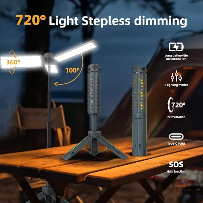 8000mAh Camping Lantern (with Adjustable Stand) — 3.4-Foot, 1800-Lumen Cordless Work Light, Featuring 3 Adjustable Light Heads, Stepless Dimming, and Emergency Flashlight Function
