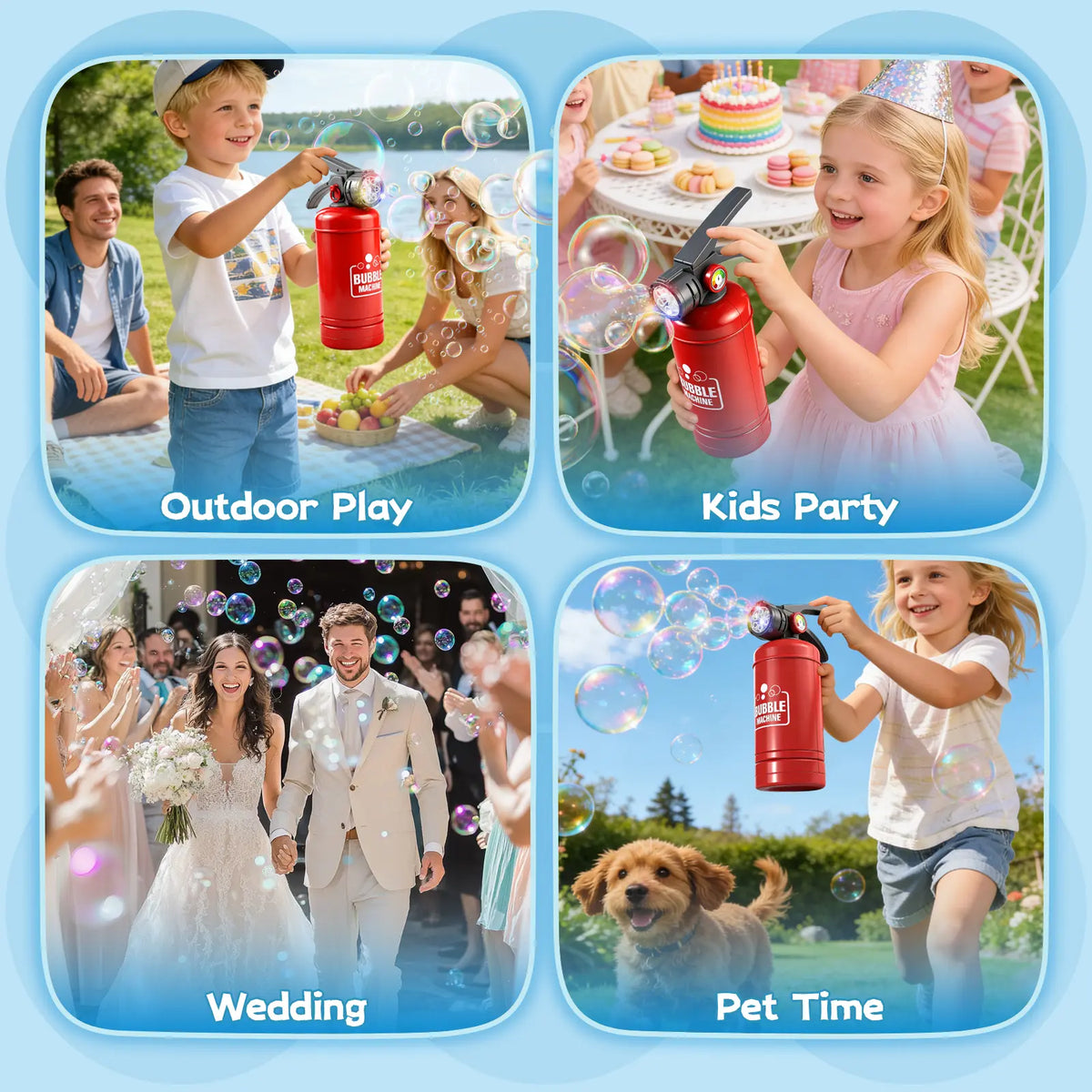 Automatic Bubble Machine Toy for Kids, Fire Extinguisher Style Bubble Blower with Colorful LED Lights, 6-Hole Bubble Maker with Bubble Solution for Outdoor Party Birthday Summer Play