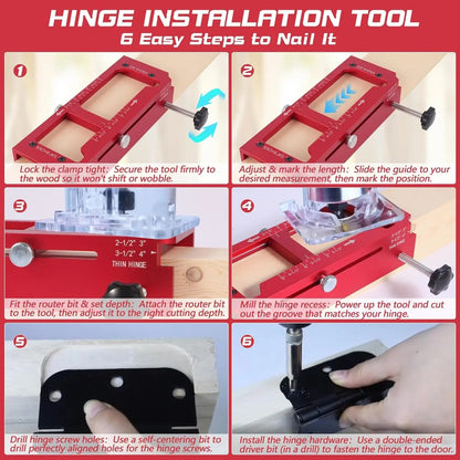 Door Hinge Jig - Door Hinge Cut Out Tool for Door & Cabinet Hinges, Adjustable Mortising Template Fits 2.5" to 5" Hinges with 1/4" & 5/8" Radius & Square Corner Tools