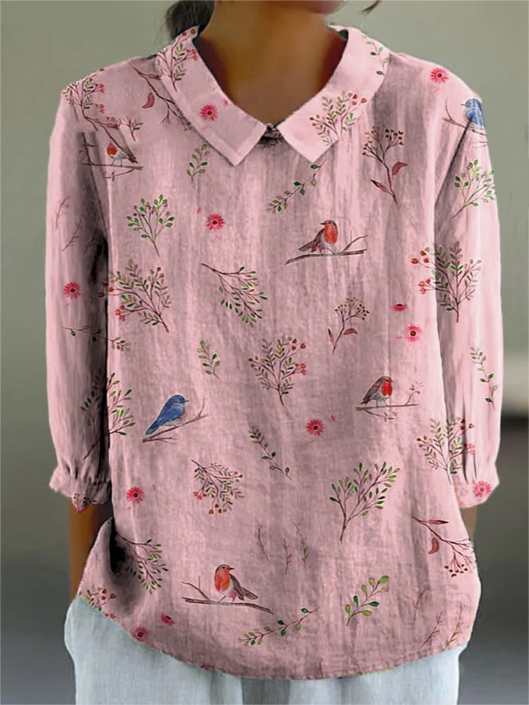 Women's Casual Retro Floral And Bird Print Shirt