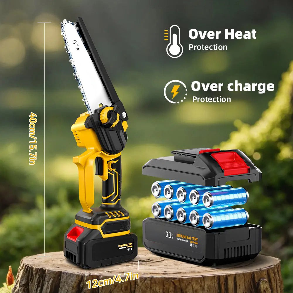6 Inch 21V Cordless Mini Chainsaw, Portable One-Hand Electric Chain Saw with Overheat & Overcharge Battery Protection, Tool-Free Chain Tension Adjustment, Safety Lock Design for Garden Pruning, Farm Woodcutting, Yard & Orchard Tree Trimming