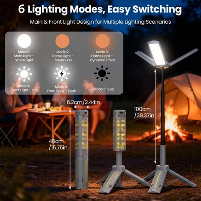 8000mAh Camping Lantern (with Adjustable Stand) — 3.4-Foot, 1800-Lumen Cordless Work Light, Featuring 3 Adjustable Light Heads, Stepless Dimming, and Emergency Flashlight Function