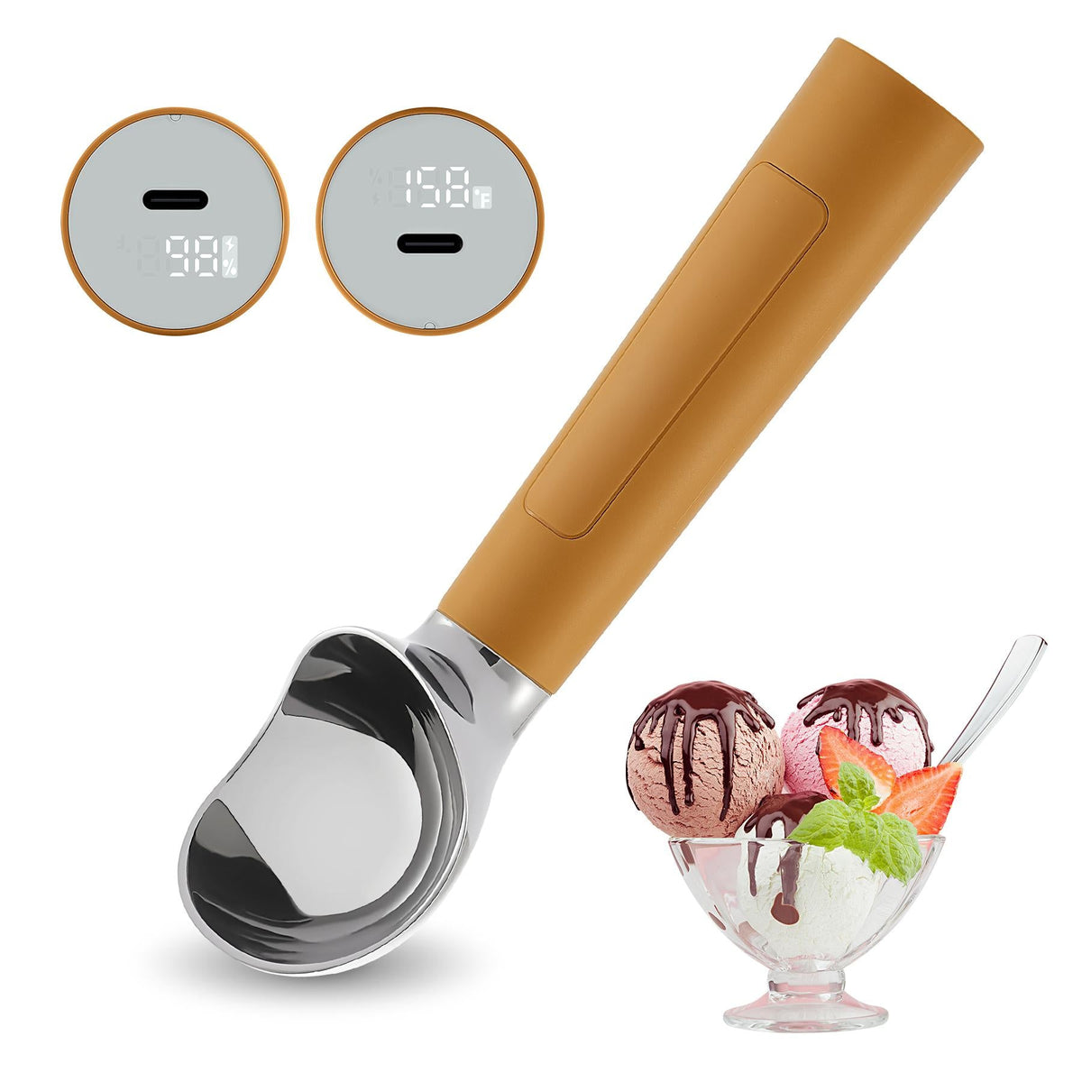 Electric Ice Cream Scoop | Rechargeable 2-oz Stainless Steel Scoop with LED Display | Waterproof Design — Easily Scoops Hard Ice Cream