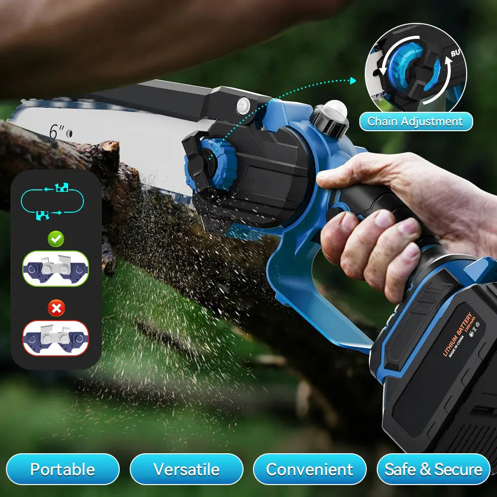 6 Inch 21V Cordless Mini Chainsaw, Portable One-Hand Electric Chain Saw with Overheat & Overcharge Battery Protection, Tool-Free Chain Tension Adjustment, Safety Lock Design for Garden Pruning, Farm Woodcutting, Yard & Orchard Tree Trimming