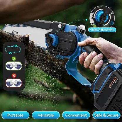 6 Inch 21V Cordless Mini Chainsaw, Portable One-Hand Electric Chain Saw with Overheat & Overcharge Battery Protection, Tool-Free Chain Tension Adjustment, Safety Lock Design for Garden Pruning, Farm Woodcutting, Yard & Orchard Tree Trimming