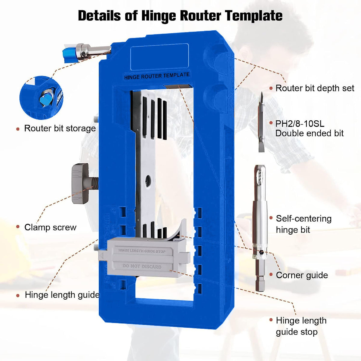 Door Hinge Jig - Door Hinge Cut Out Tool for Door & Cabinet Hinges, Adjustable Mortising Template Fits 2.5" to 5" Hinges with 1/4" & 5/8" Radius & Square Corner Tools