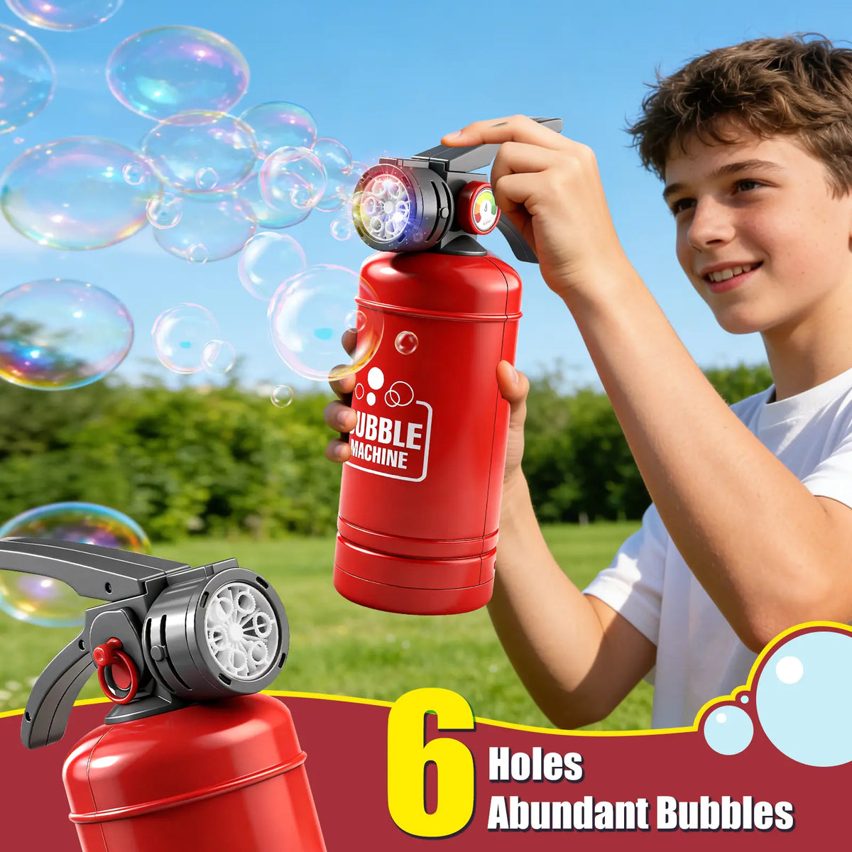Automatic Bubble Machine Toy for Kids, Fire Extinguisher Style Bubble Blower with Colorful LED Lights, 6-Hole Bubble Maker with Bubble Solution for Outdoor Party Birthday Summer Play