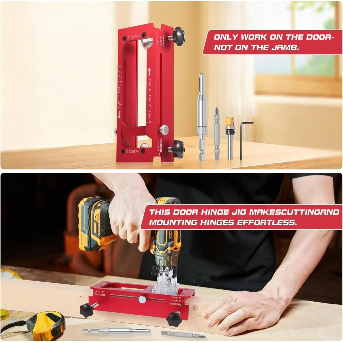 Door Hinge Jig - Door Hinge Cut Out Tool for Door & Cabinet Hinges, Adjustable Mortising Template Fits 2.5" to 5" Hinges with 1/4" & 5/8" Radius & Square Corner Tools