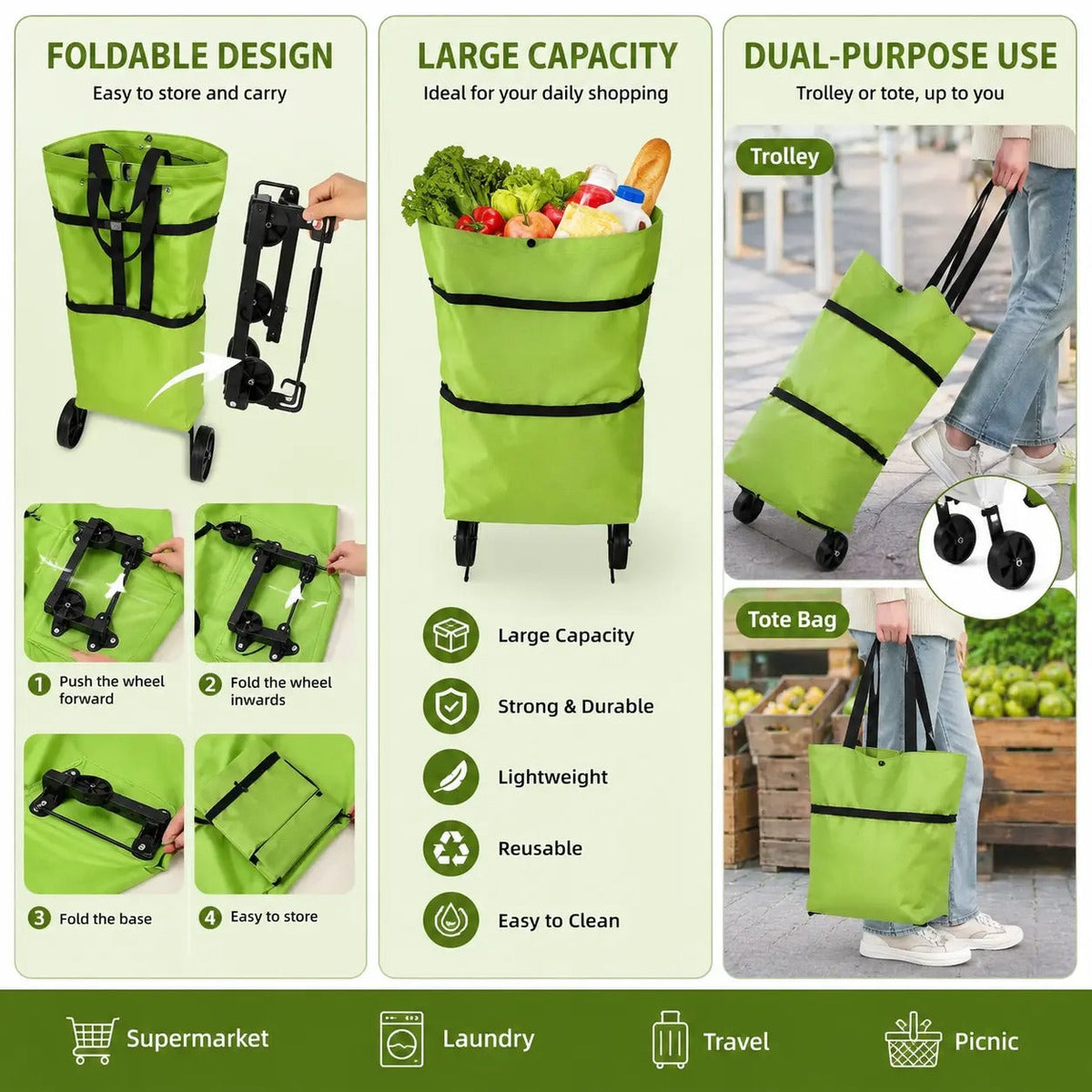Foldable Shopping Trolley Bag with Wheels, Portable Reusable Grocery Tote, Lightweight Rolling Shopping Cart Bag with Carry Handles for Supermarket, Travel, Laundry and Daily Use