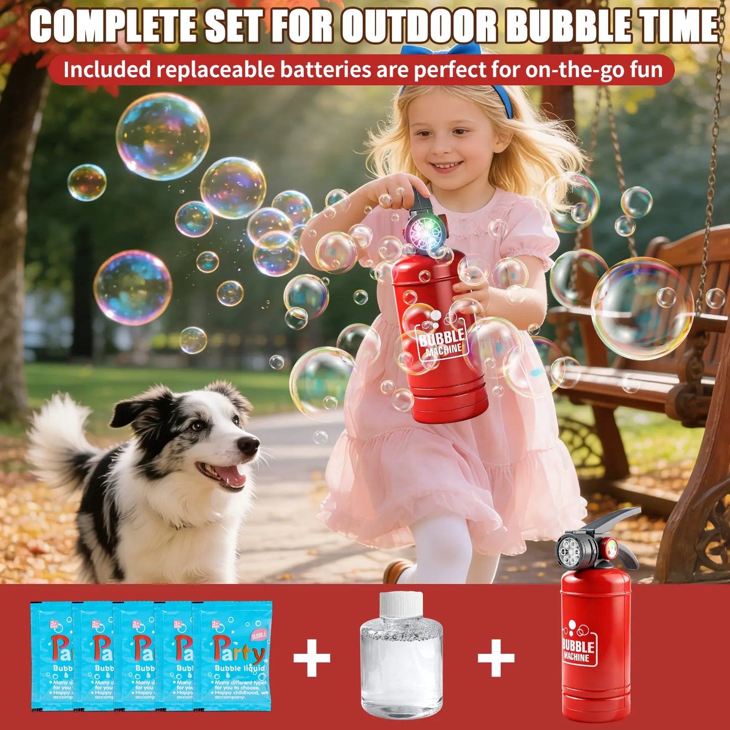 Automatic Bubble Machine Toy for Kids, Fire Extinguisher Style Bubble Blower with Colorful LED Lights, 6-Hole Bubble Maker with Bubble Solution for Outdoor Party Birthday Summer Play