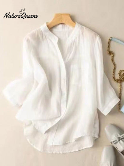 Women's V-neck Solid Color 3/4 Sleeve Casual Linen Cardigan Shirt