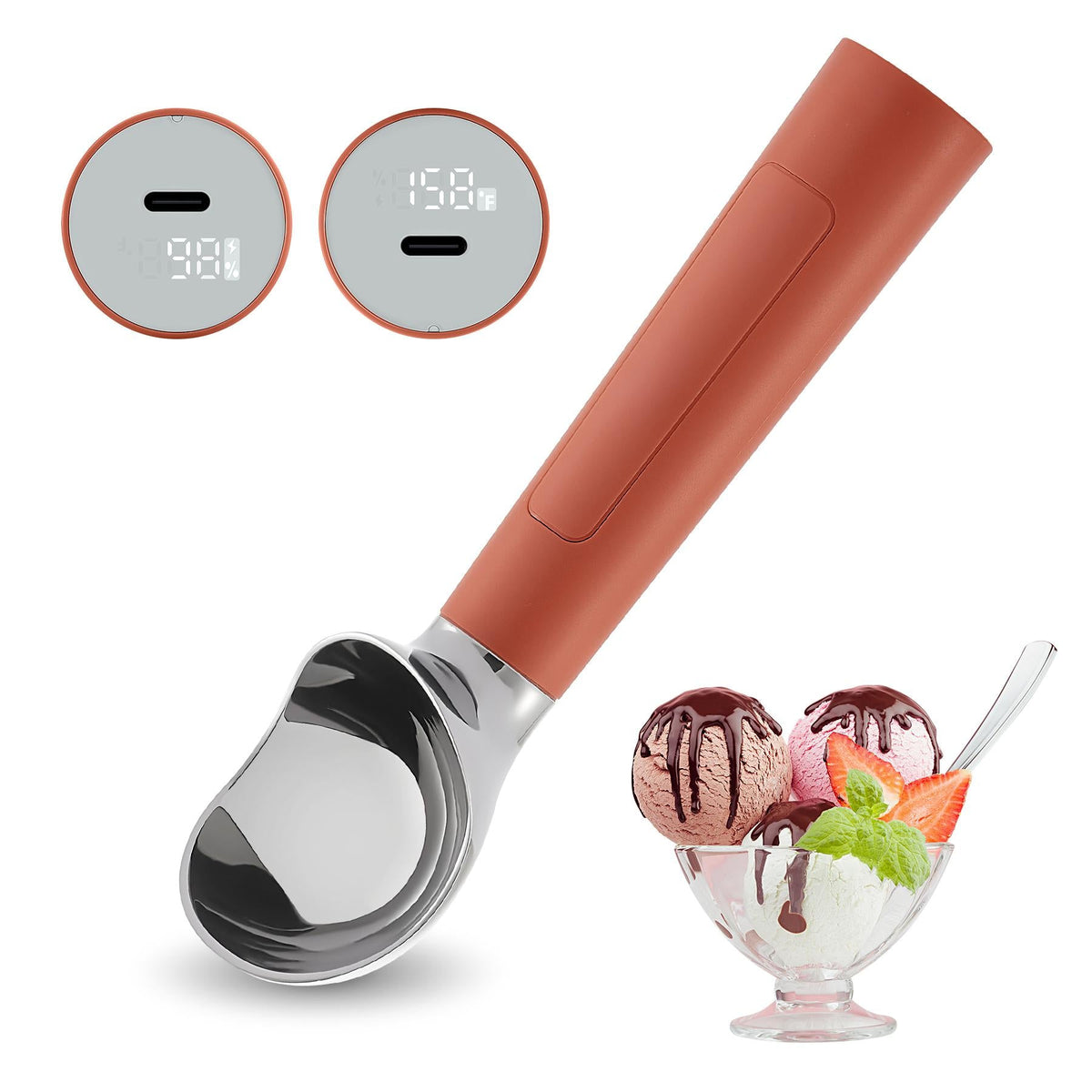 Electric Ice Cream Scoop | Rechargeable 2-oz Stainless Steel Scoop with LED Display | Waterproof Design — Easily Scoops Hard Ice Cream