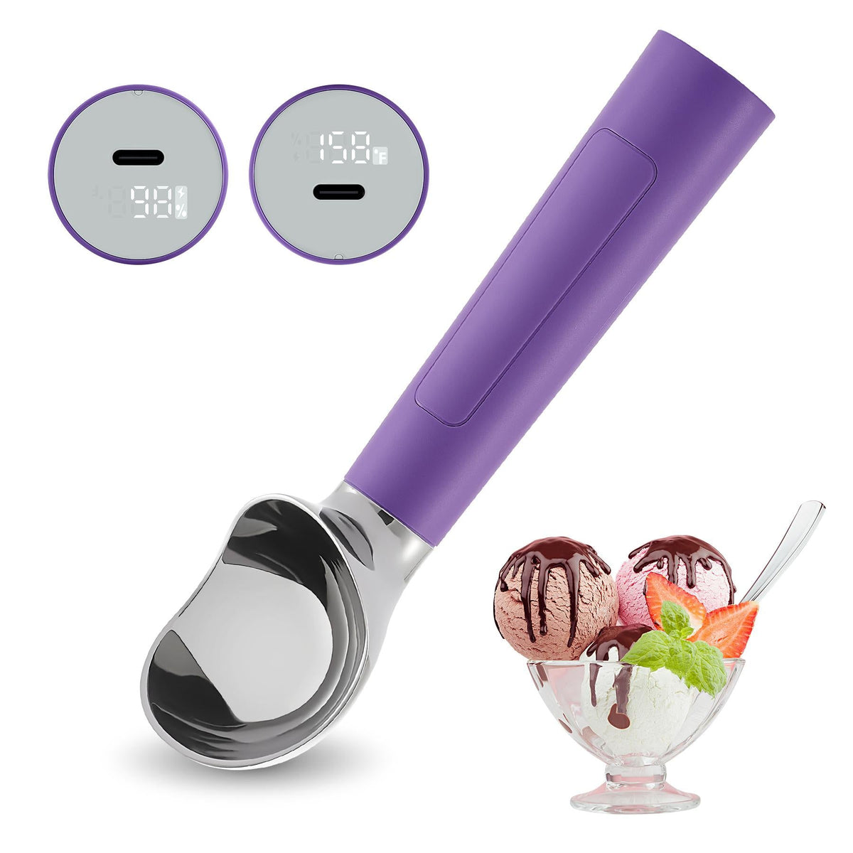 Electric Ice Cream Scoop | Rechargeable 2-oz Stainless Steel Scoop with LED Display | Waterproof Design — Easily Scoops Hard Ice Cream