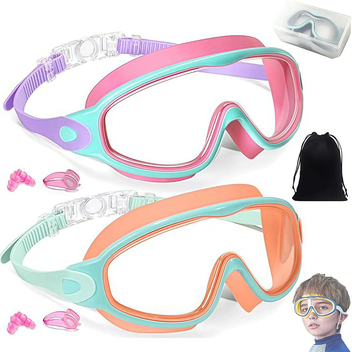 2 Pack Kids Swim Goggles for 3-15+ UV Protection Anti-Fog High Definition Waterproof Adjustable Goggles for Boys and Girls - Safety anti-uv swimming goggles swim glass anti-fog with Earplugs & Nose Clip,for Lake,Beach, Summer Party