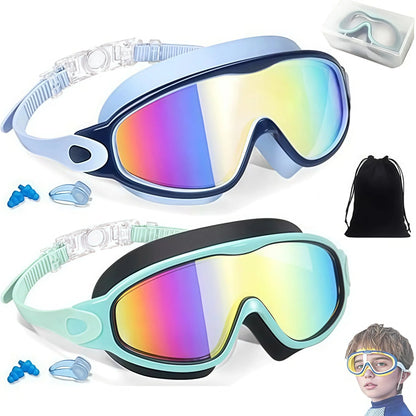 2 Pack Kids Swim Goggles for 3-15+ UV Protection Anti-Fog High Definition Waterproof Adjustable Goggles for Boys and Girls - Safety anti-uv swimming goggles swim glass anti-fog with Earplugs & Nose Clip,for Lake,Beach, Summer Party