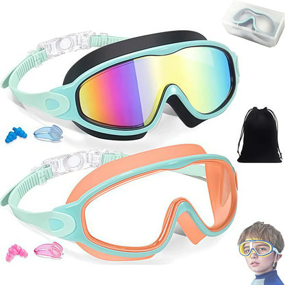 2 Pack Kids Swim Goggles for 3-15+ UV Protection Anti-Fog High Definition Waterproof Adjustable Goggles for Boys and Girls - Safety anti-uv swimming goggles swim glass anti-fog with Earplugs & Nose Clip,for Lake,Beach, Summer Party