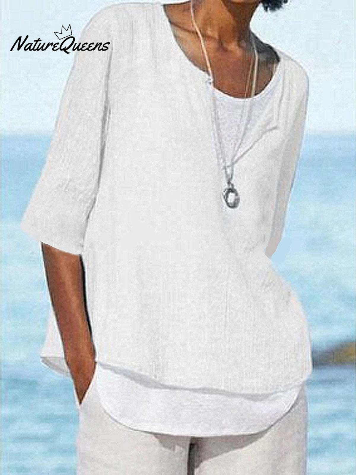 Women's Solid Color Loose Elegant Casual Cotton And Linen Mid-sleeve Shirt