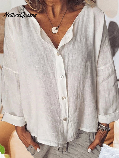 Women's Solid Color Retro Cotton And Linen Casual Shirt