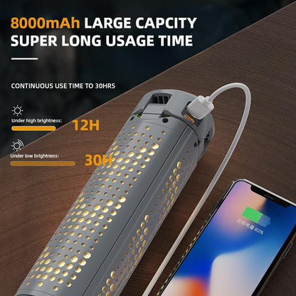 8000mAh Camping Lantern (with Adjustable Stand) — 3.4-Foot, 1800-Lumen Cordless Work Light, Featuring 3 Adjustable Light Heads, Stepless Dimming, and Emergency Flashlight Function