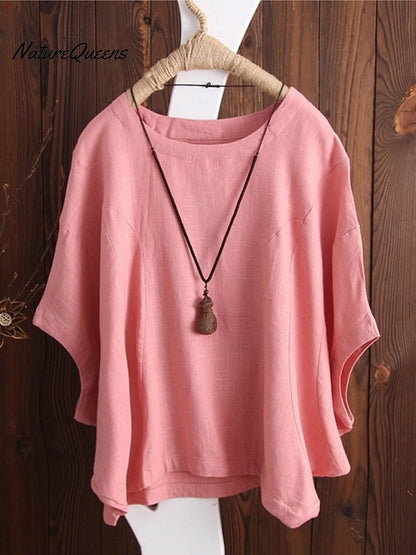 Women's Solid Color Loose Elegant Bat Sleeve Casual Cotton And Linen Shirt