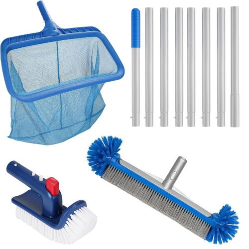 4-in-1 Pool Cleaning Kit with 17.5 Brush, Rotatable Brush, Net & Pole
