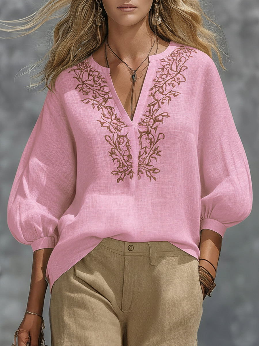 Loose-fitting V-neck Linen And Cotton Shirt